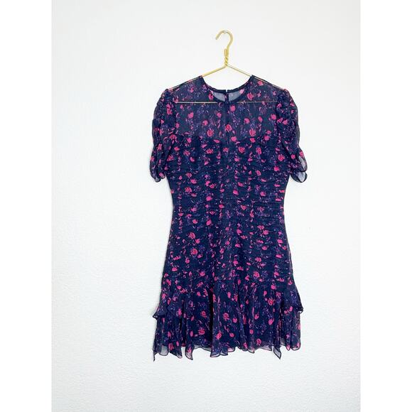 Tanya Taylor Falling Floral Carti Dress Size 10 Purple Silk Ruched Cocktail - Picture 3 of 12